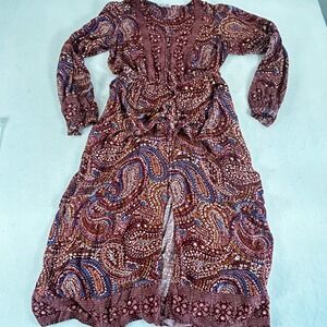 Knox Rose Womens Small Burgundy Paisley Boho Button Front Midi Dress Long Sleeve